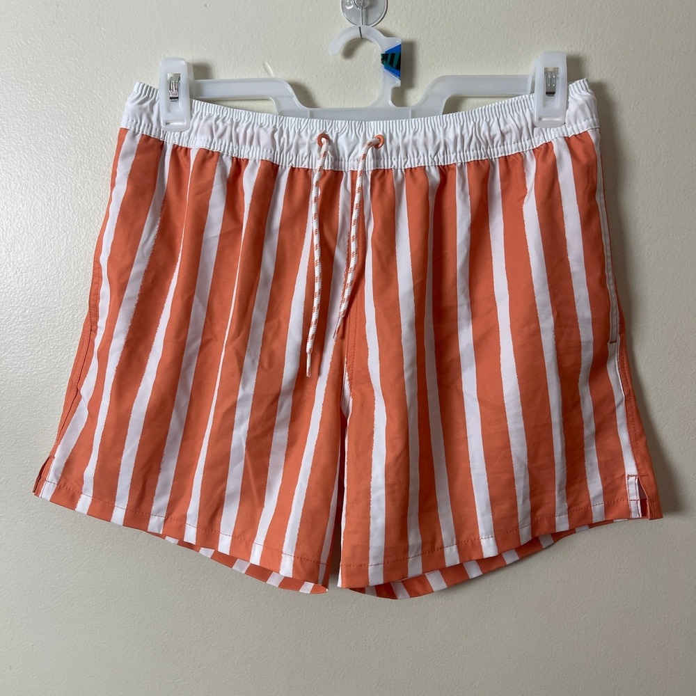Goodfellow & Co Mens Orange White Striped Swim Trunks Mesh Lining Board Shorts L